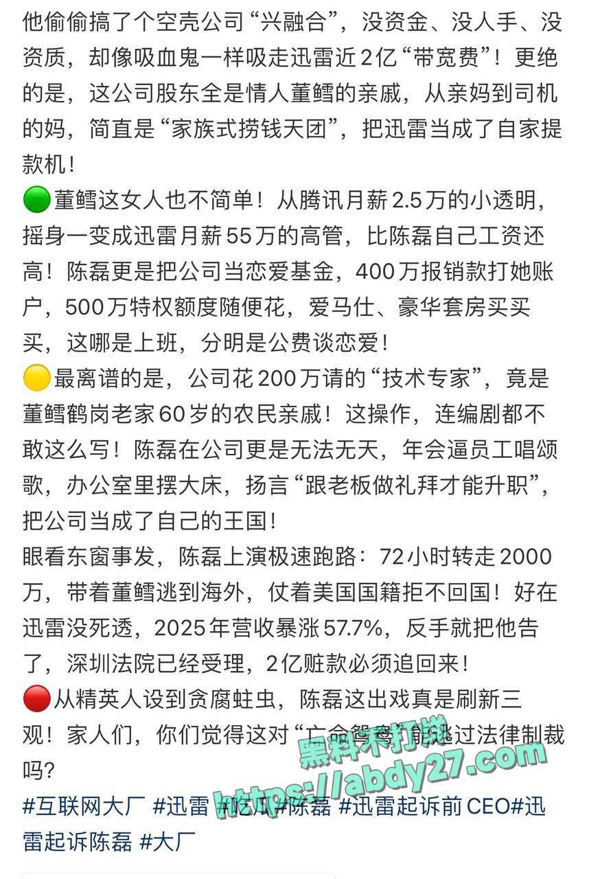 迅雷前CEO陈磊带情人董鳕卷款跑路 7