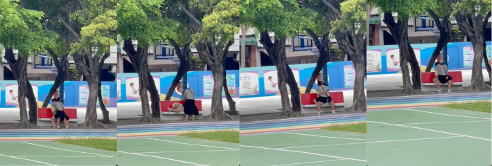 台湾高雄爱群国小校园内一小情侣在凉椅上撩起女友裙底直接舔逼
