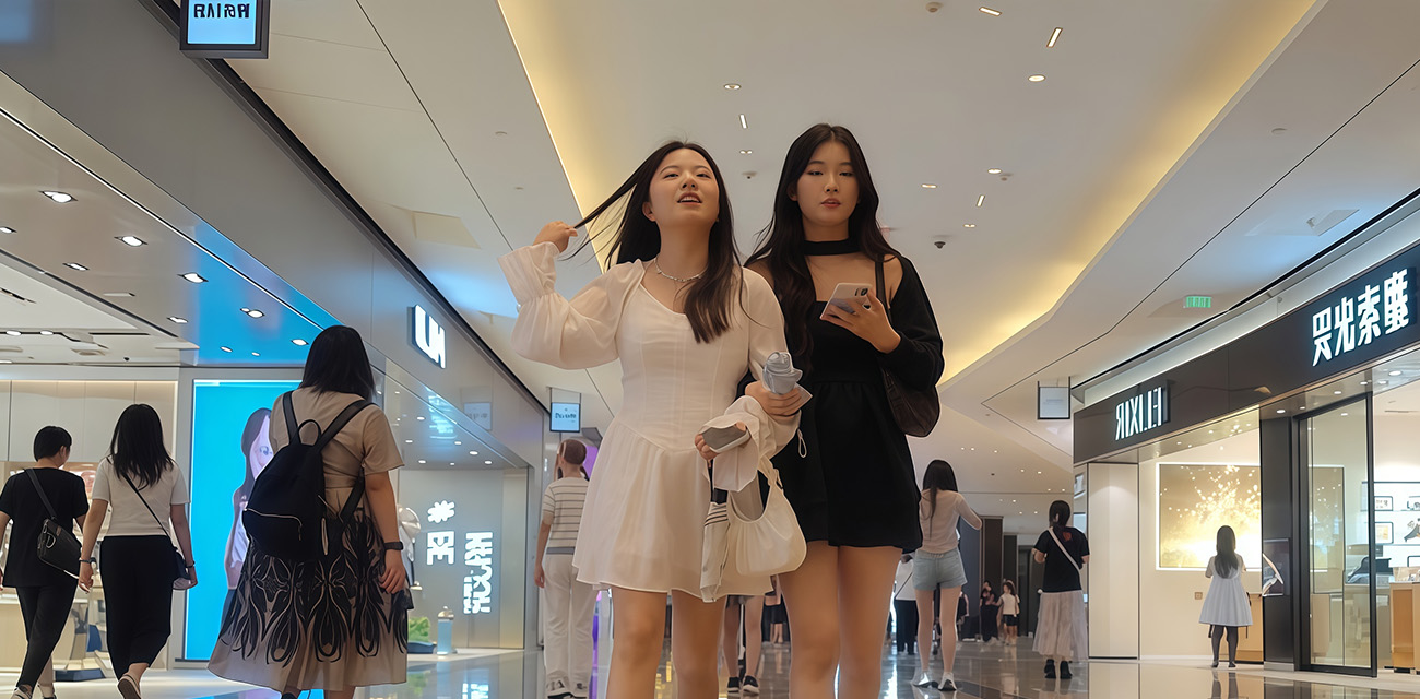商场抄底美女 西服短裙与连衣短裙的裙下对比 你更喜欢哪一个
