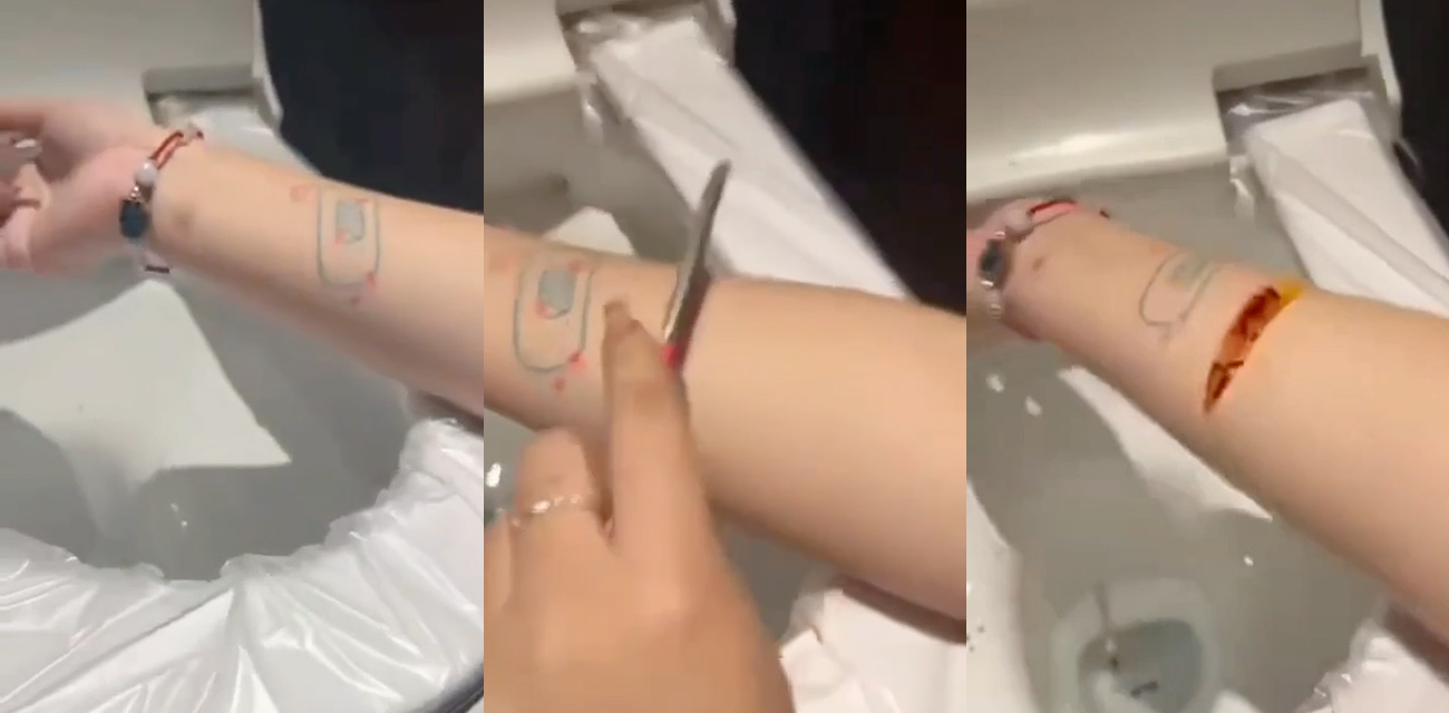 胆小瓜友慎点 最近网上传得很火的马桶妹割腕视频 绝对是嗑药嗑嗨到神志不清了