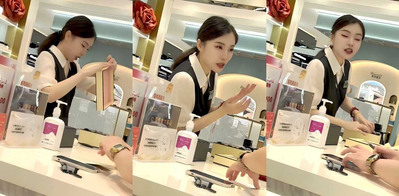 KFC抄底化妆品前台靓女 穿黑色开档丝袜 带大哥结账时走光被偷拍