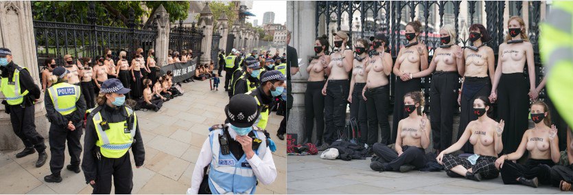 英国30名女性赤裸上身走上街头，呼吁人们关注气候变化被警察抬走