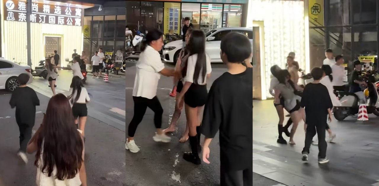 三个女生街头大吵大闹 光脚妹子躺马路 男英雄抱起救场