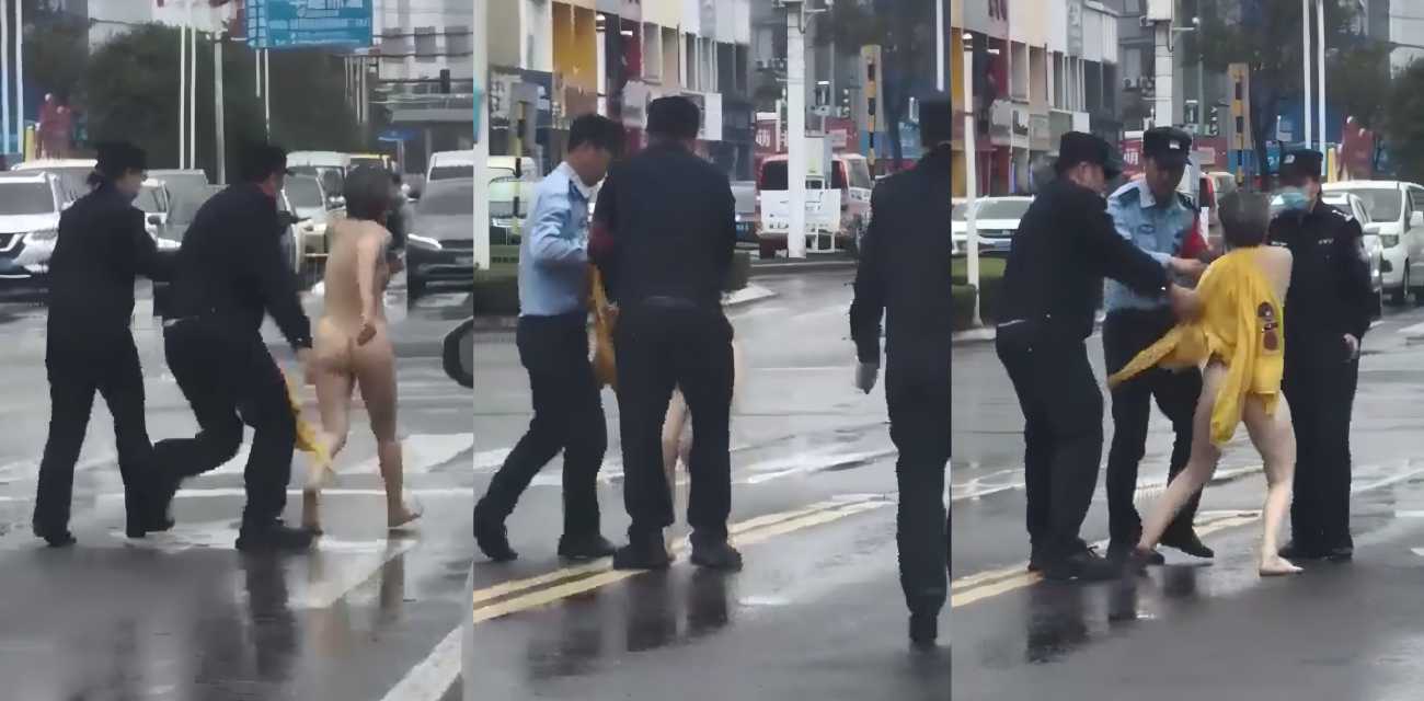 山东泰安街头惊魂一幕 老太太光身狂奔 警察边追边用大衣保护