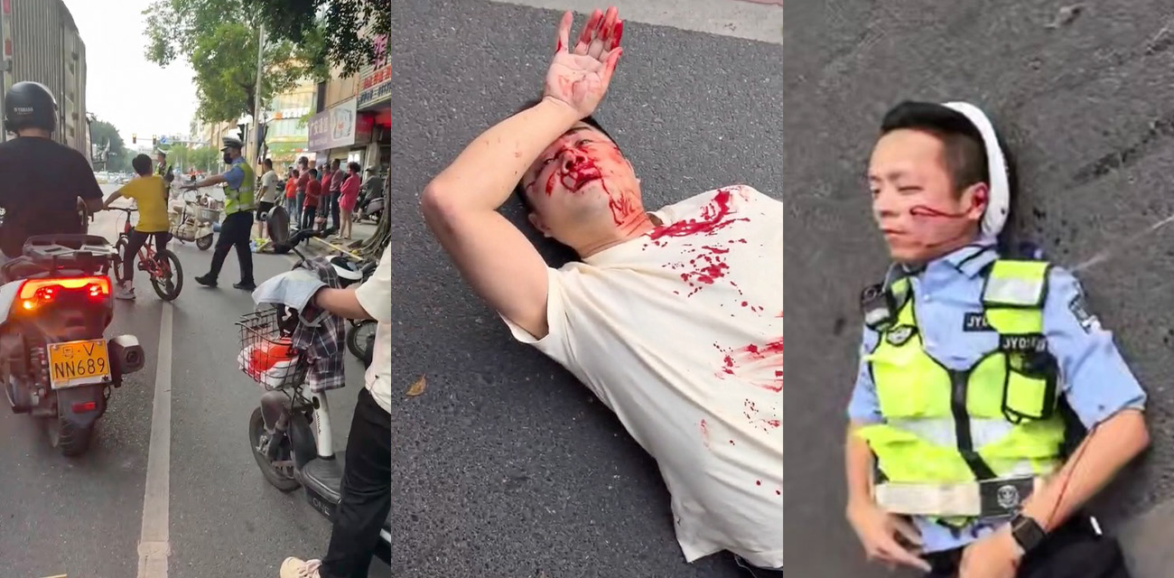广东潮汕男子骑车冲卡 将拦截警察撞飞 现场角度视频记录惊险一幕