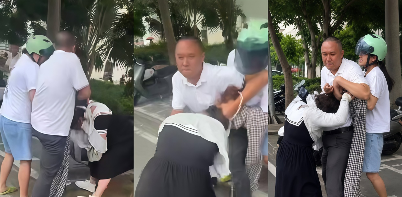 原配当街撕渣男和小三 渣男还护着戴头盔的小三 现场被推搡拉扯
