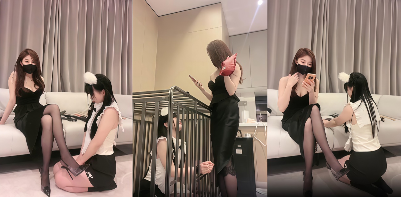 黑丝口罩女调教猫耳妹 把母畜关狗笼 舌头舔高跟 被鞭抽得直喘
