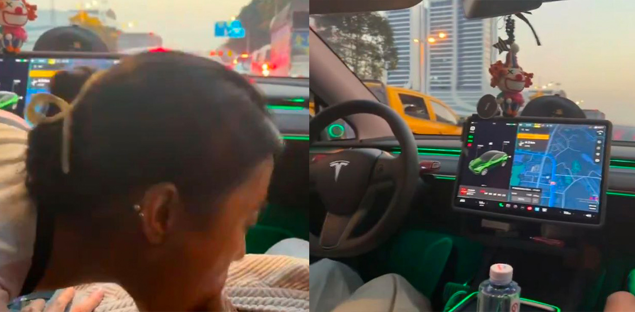 现在的小情侣怎么越来越大胆了！特斯拉女车主还开着车呢 就得抽空给副驾的男友打飞机口交！