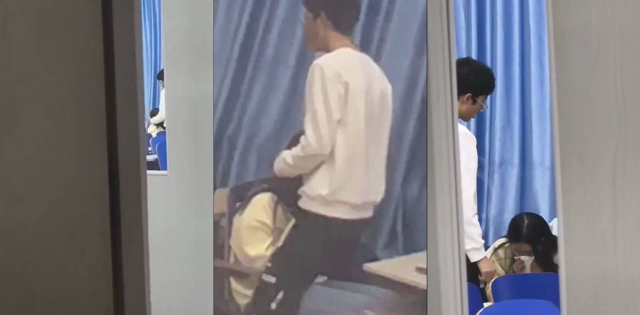 学生小情侣在教室女生帮男生打飞机口交 男生直接口爆 被偷拍流出轰动校园 成为校园风云人物！