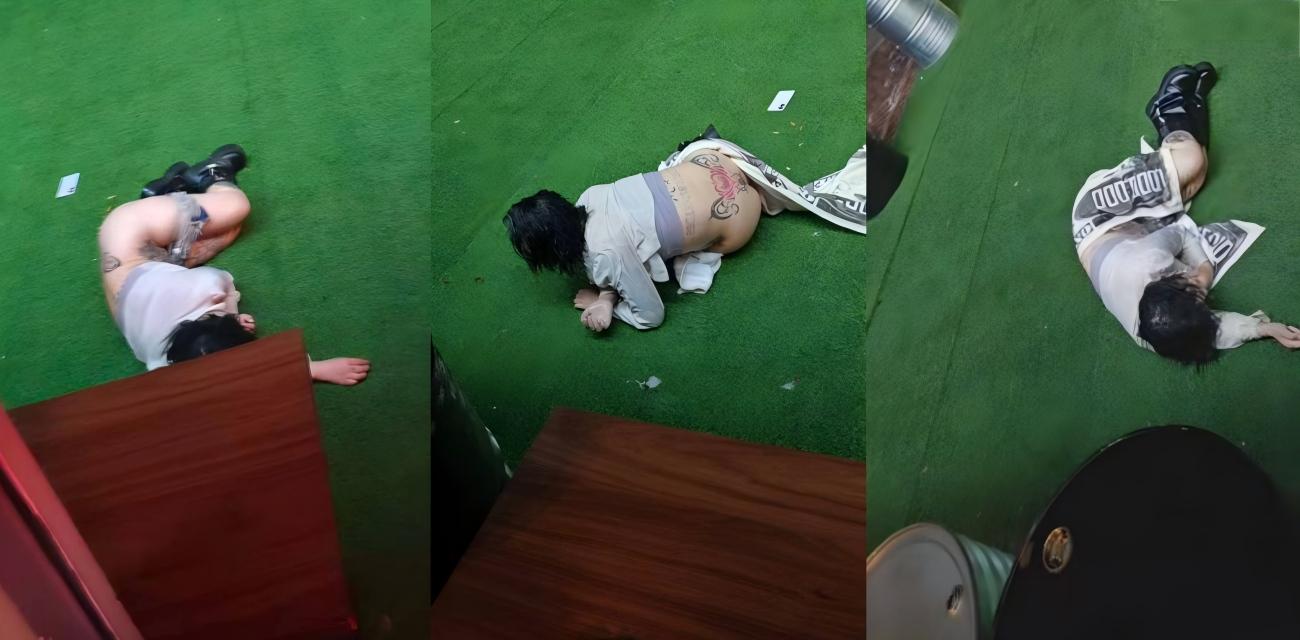 浩南酒吧门口 巨乳纹身契约兽醉酒躺地上 衣服都不剩啥 还被人手机狂拍