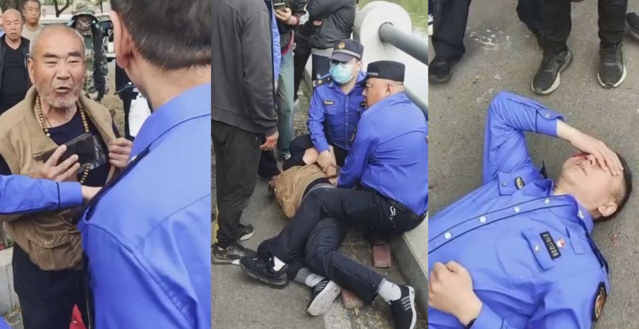 沈阳板砖拍城管事件 城管不让摆地摊被勇猛老头一搬砖干翻了 双视角完整版