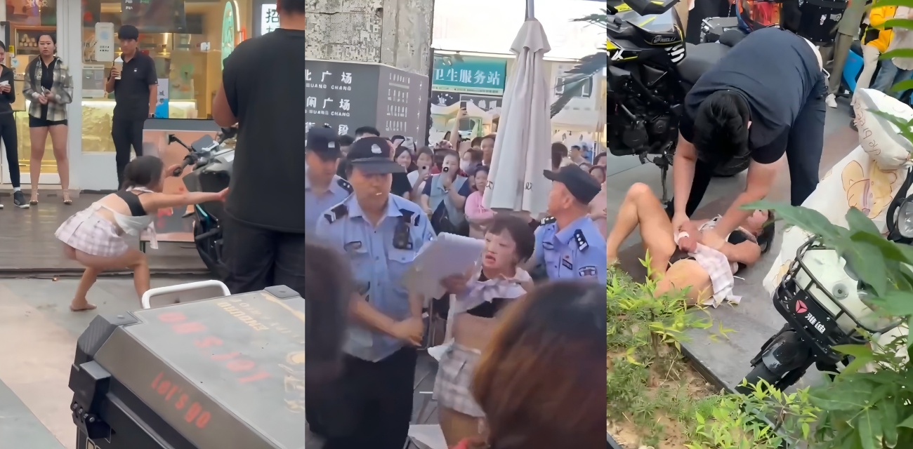 成都王府井惊魂 女子酸辣粉塞摩托排气管还砸车 躺地装晕露底裤