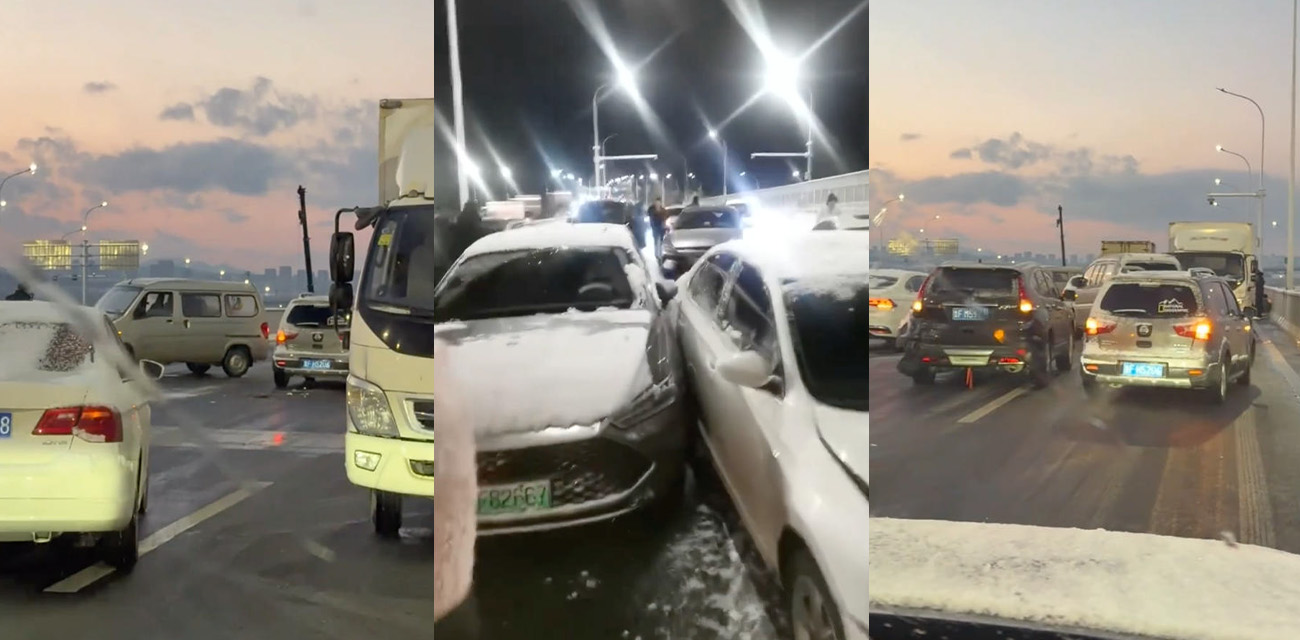 山东烟台突发雪天22车连环车祸 因降雪结冰港城西大街立交桥多车追尾