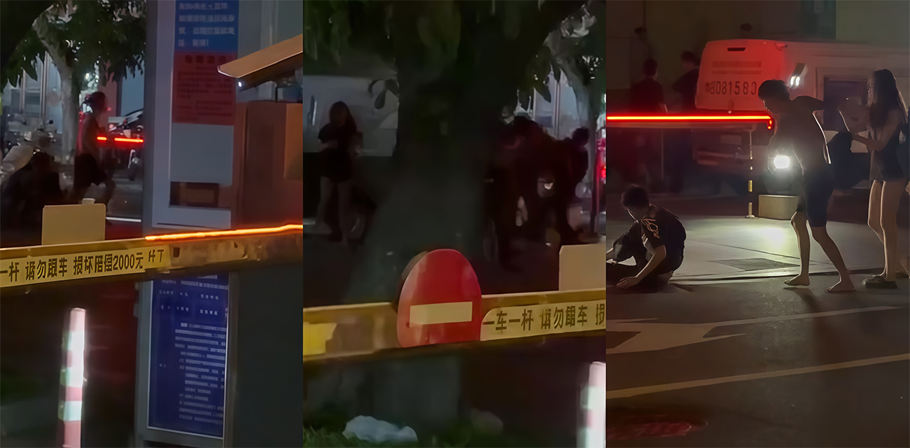 海南三亚金宝莱小区门口 精神小伙深夜街头干架 围观群众聚集现场秩序混乱