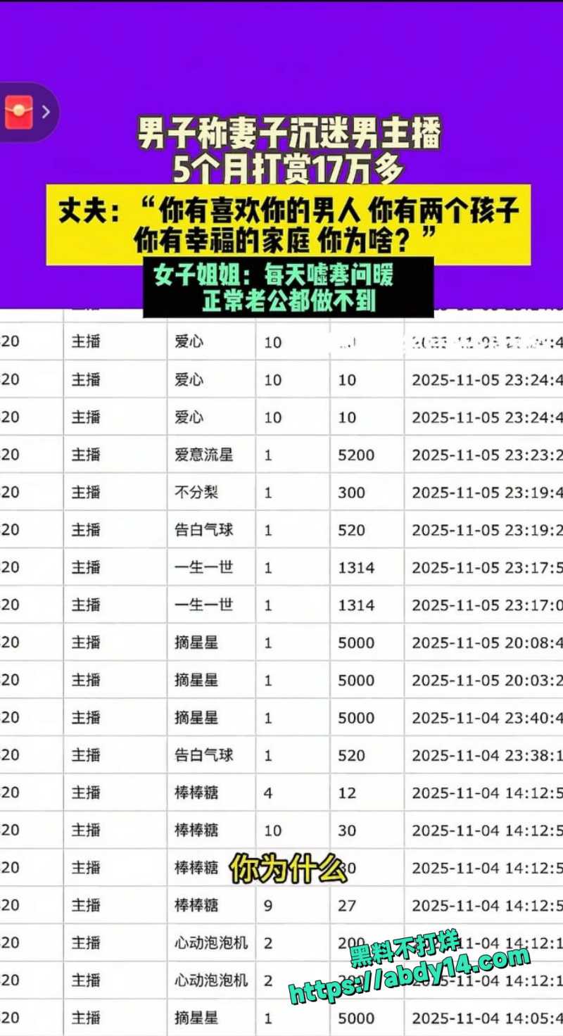 河南全职妈宝打赏男主播17万4