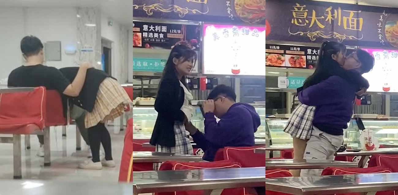 哈尔滨理工大学荣成学院惊现金手指 一对情侣公然在食堂调情 男生探入裙底不停抠逼