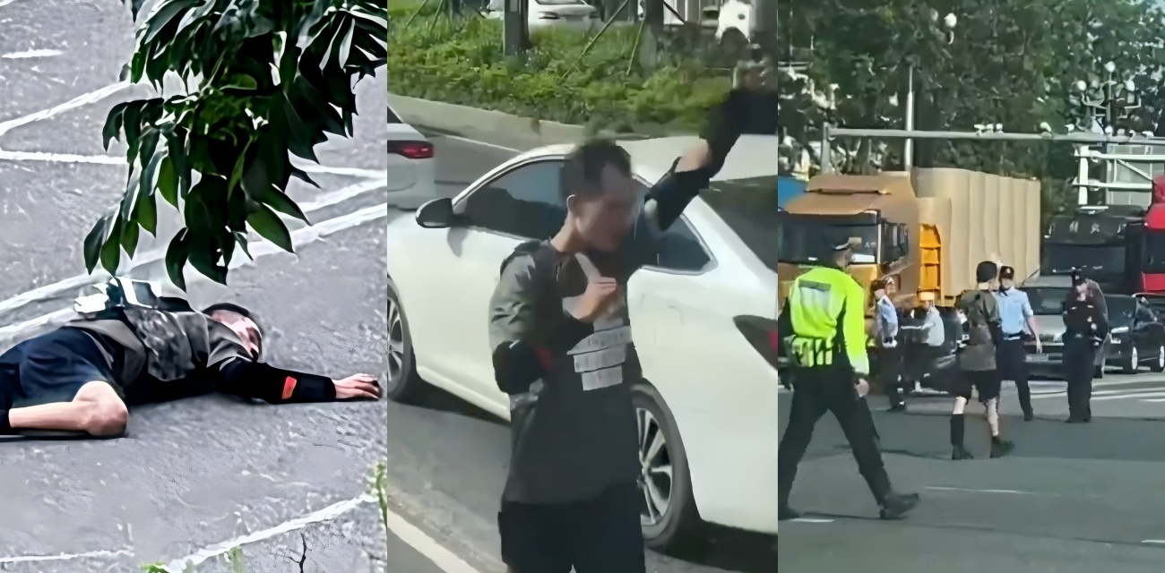 广东东莞中堂镇惊魂一刻 男子背炸弹堵路 手拿引爆器对峙警察 结局太揪心