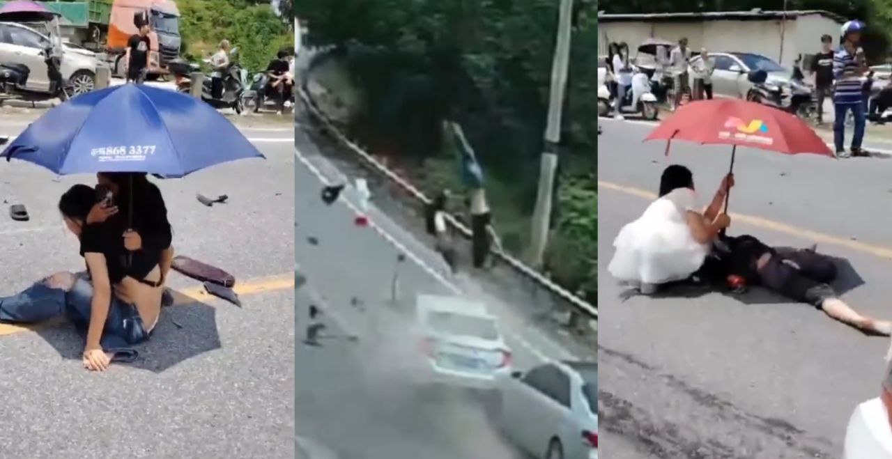 广西玉林某路段车祸第一现场 电动车情侣被逆行小轿车撞飞 空中旋转4圈720度