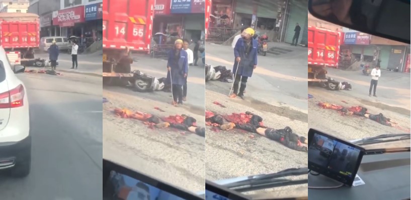 突发 江西 赣州 一摩托与泥头车发生车祸 摩托车主被压成肉泥