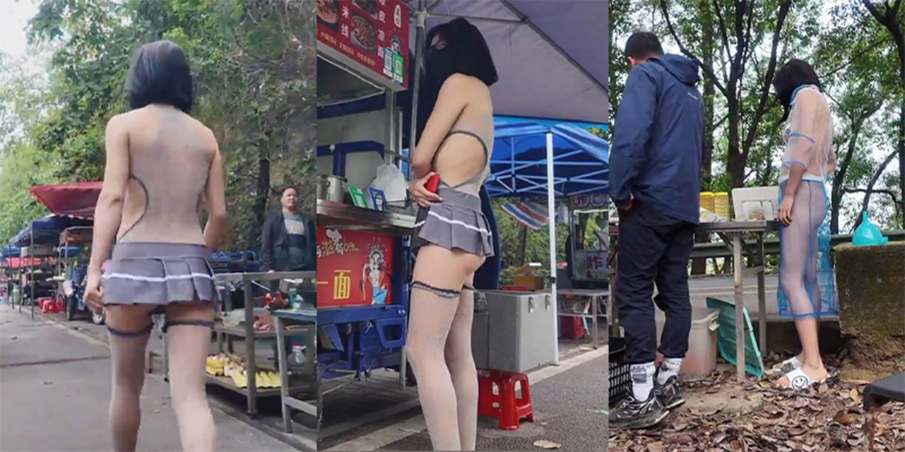 网红露出女王cikaimoon景区一日游 透明纱裙黑丝开档 翘臀裸背逛夜市