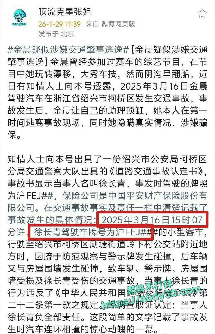 金晨被曝在浙江肇事逃逸让助理顶包骗保 2