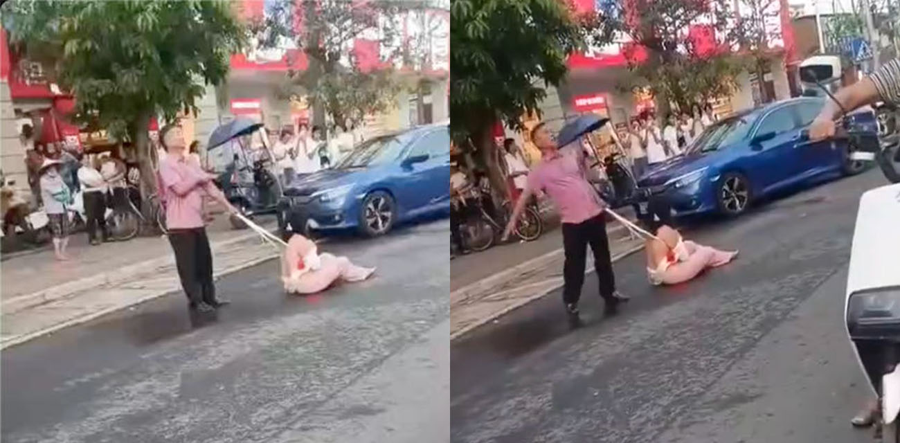 这是开了大眼了 一男子抓住老婆在外偷人 竟然将妻子像狗一样拴着在街上溜
