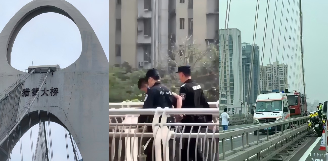 广州猎德大桥惊魂 光膀男爬顶欲跳桥 堵车一小时现场大乱