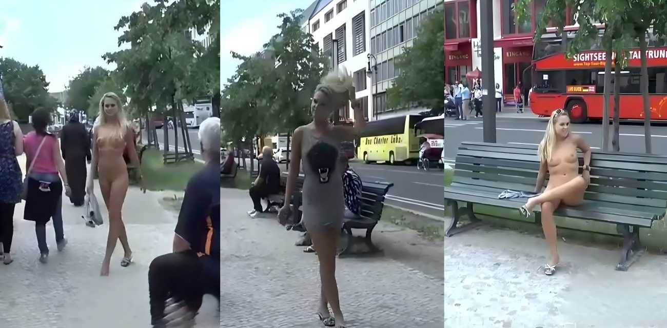 欧美金发女郎光天化日 街头全裸露出闲逛 手甩包臀裙和路人亲密互动