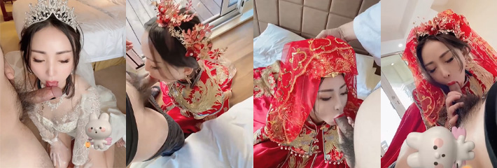 『反差婊』爱吃肉棒的反差婊新娘，刚结婚的新娘穿着新娘服出轨野男人