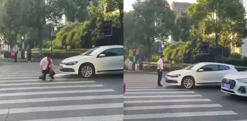 江苏常州江南银行一男子当街割喉自杀 这畸形的爱情谁敢要啊 车里的人都吓尿了