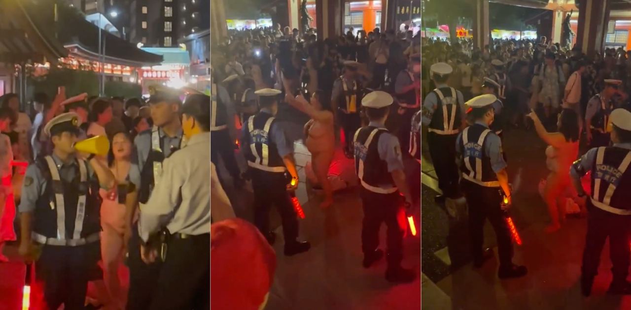 日本女子在警察面前脱光裸舞！为庆祝2023年日本东京隅田川花火大会！