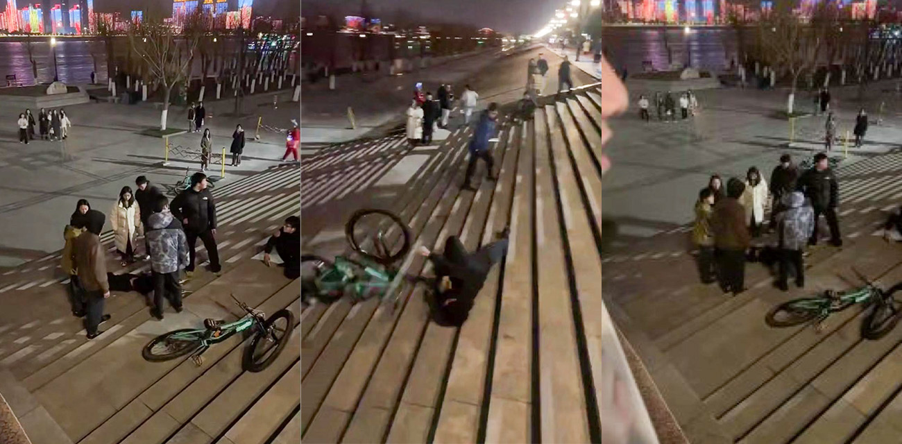 鬼火少年翻车现场实录 骑车下阶梯摔倒动弹不得 摄影师跟着遭殃被救护车带走