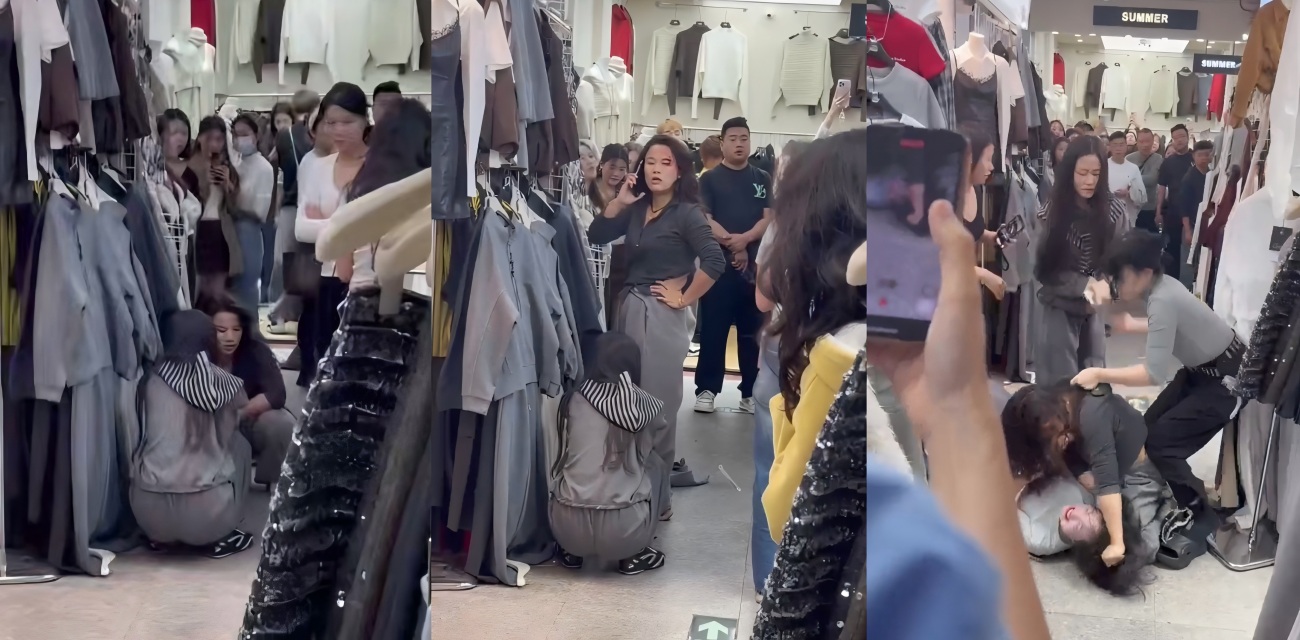 市场里几个女人打架群殴 经典抓头发撕衣服 打到头破血流 保安都拉不开