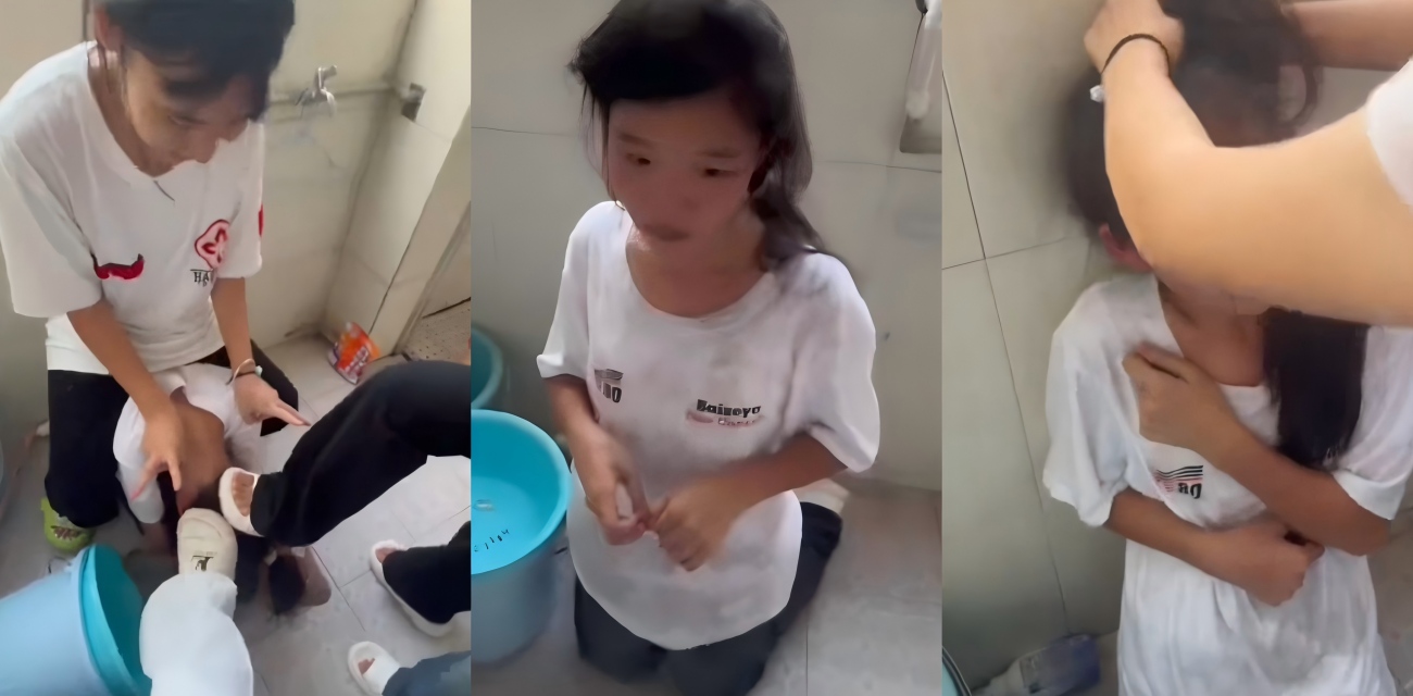 广西苍梧石桥中学女生被围殴 逼跪扇脸踩头泼水薅头发 视频残忍到让人心碎