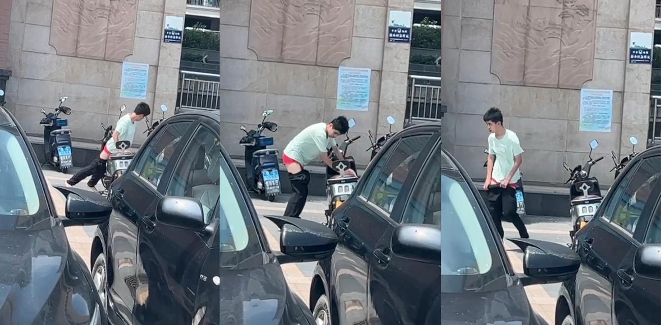 广东海丰惊现变态小哥 美女刚下电瓶车 小伙就立即上去操坐垫