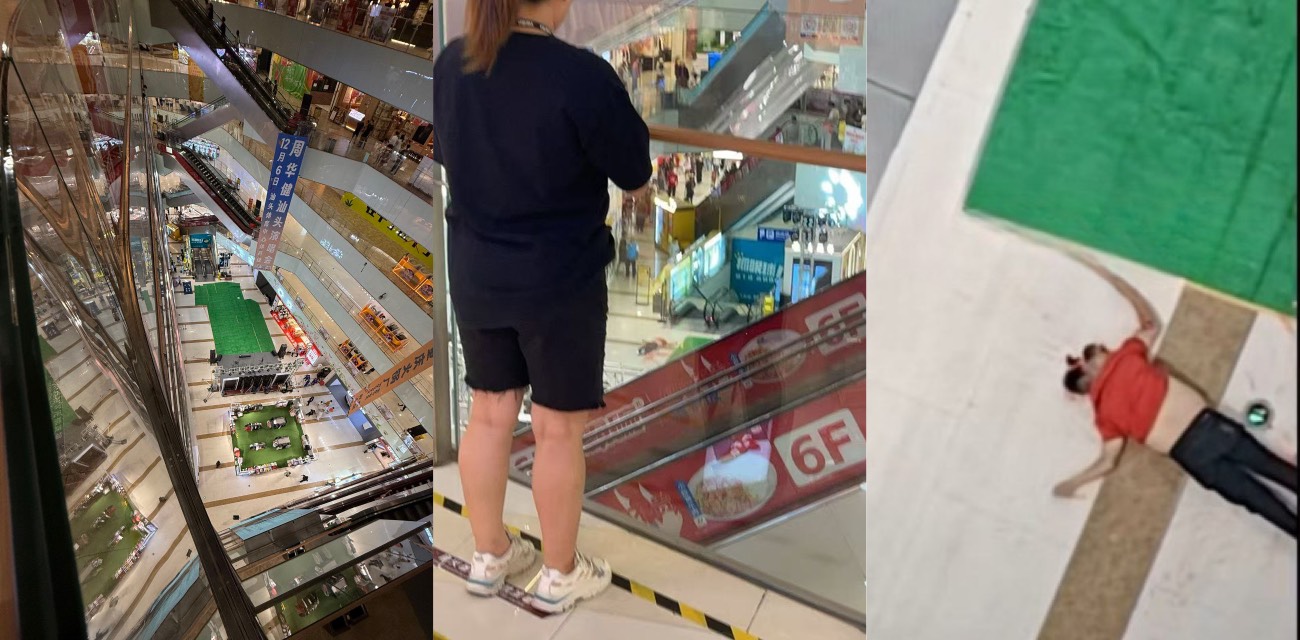 汕头苏宁广场今晚6:40跳楼事件曝光 血腥现场头骨断裂多人围观 警方已封锁现场调查