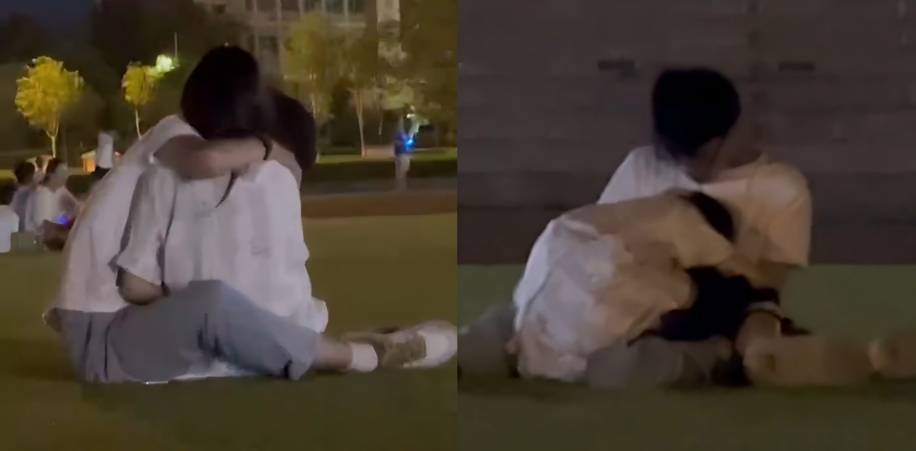 七夕夜邹城体育场 情侣草坪上大胆秀恩爱 亲吻撩拨不避人 火爆场面被偷拍