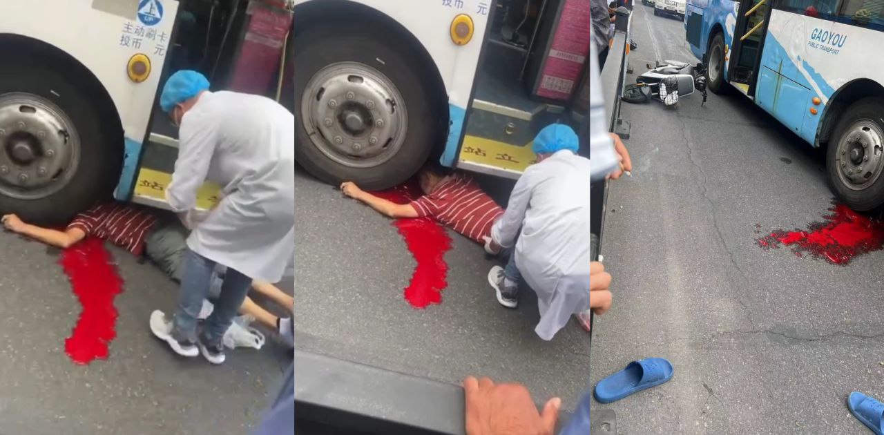 江苏扬州发生一起惨烈车祸 汽车违规掉头占用非机动车道 致电动车主被公交车爆头