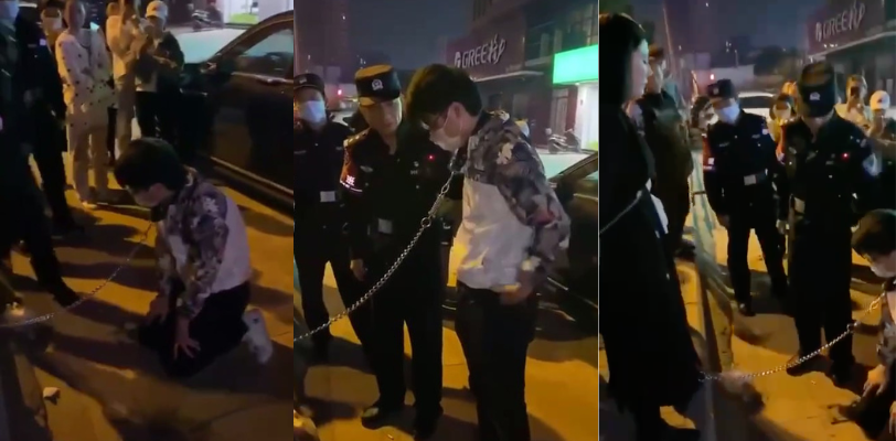 废物男当狗套上狗链子让自己女朋友牵着大街上遛圈，连民警都看不下去了！