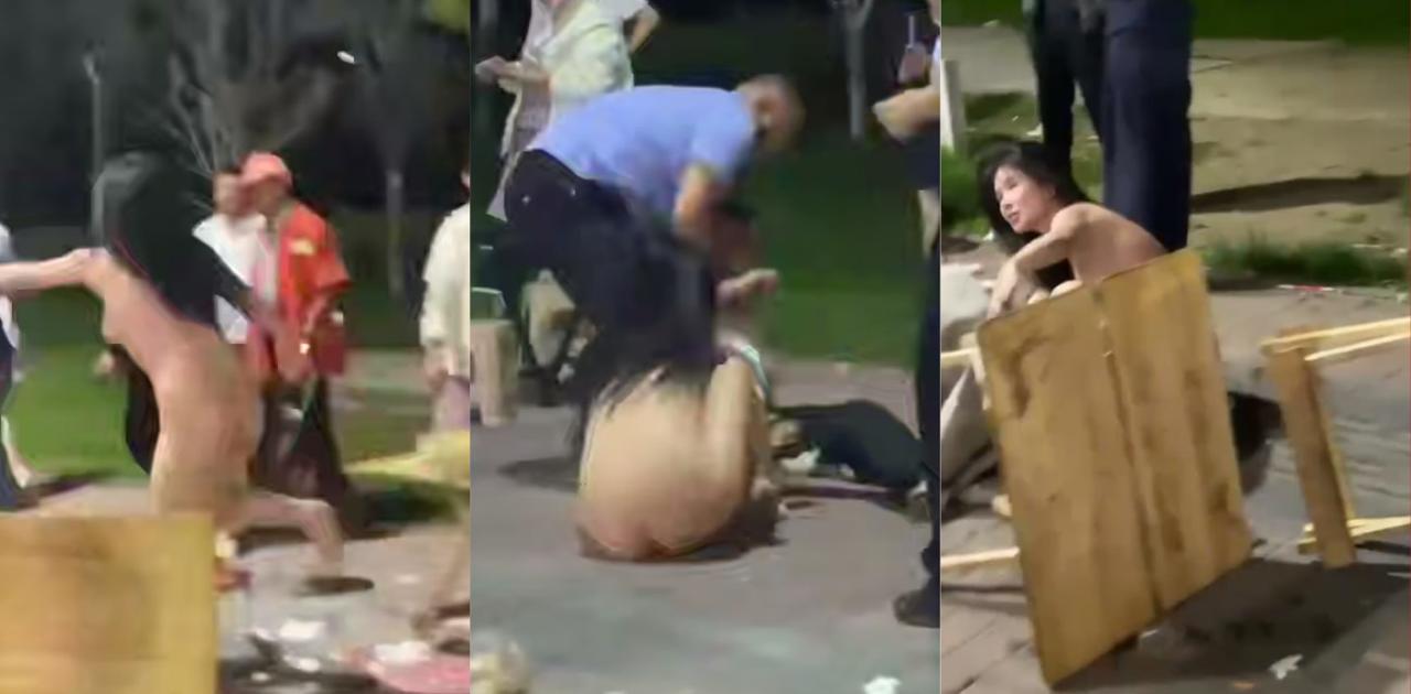 喝醉女孩当街裸奔引围观混乱 手机镜头全程记录脱光狂奔 被路人围拍