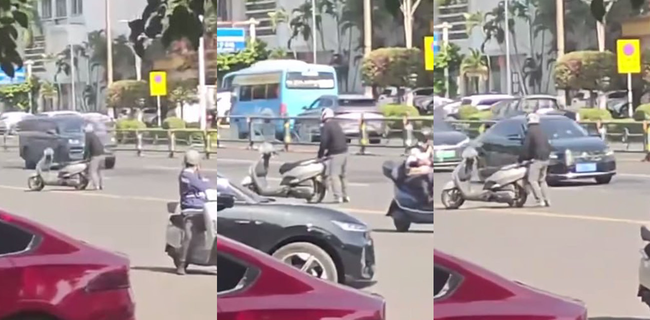 世界之大无奇不有 男子在马路中间狂操自己的摩托车 摩托被怼得吱吱作响像在淫叫