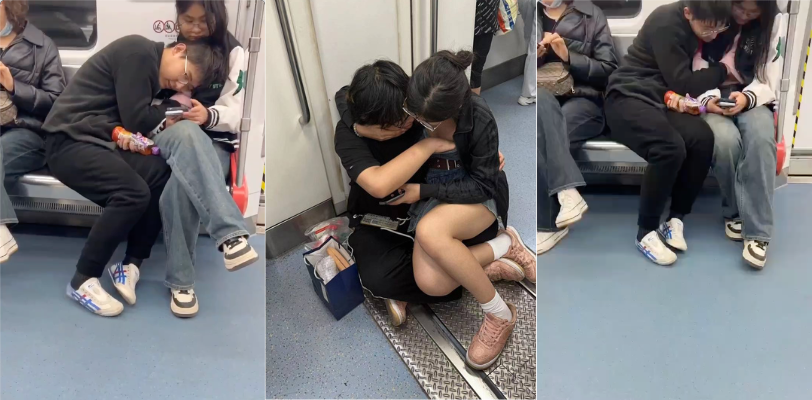 地铁上一饥渴小情侣椅子上摸奶子被拍！这是当别人都是空气吗这么豪放？