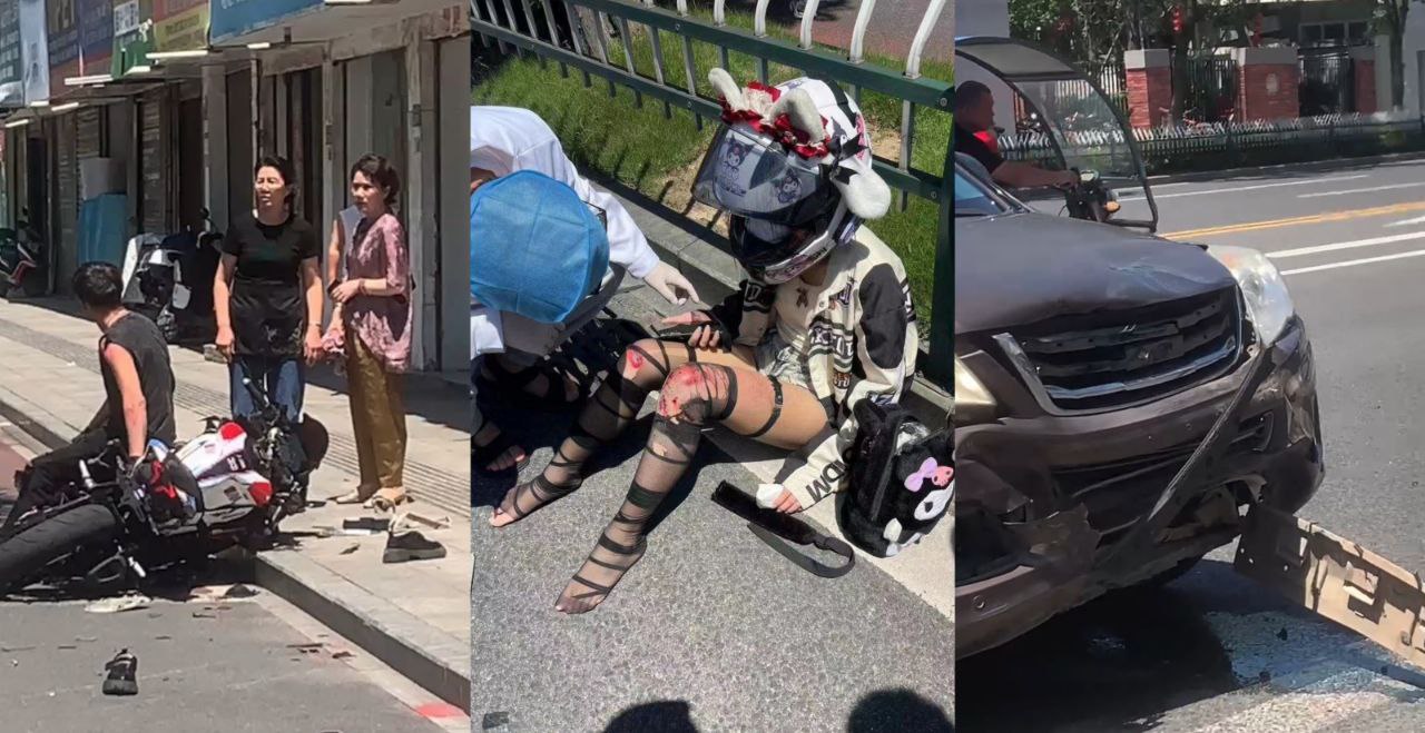 温州龙港发生车祸事故 精神小伙带火辣丝袜妹飙车出事 妹子丝袜磨烂膝盖血淋淋