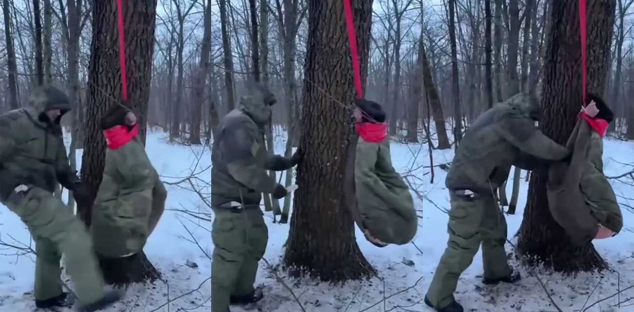 户外树上红绳捆绑麻袋惩罚 持刀攻击视频记录 现场氛围紧张气氛拉满