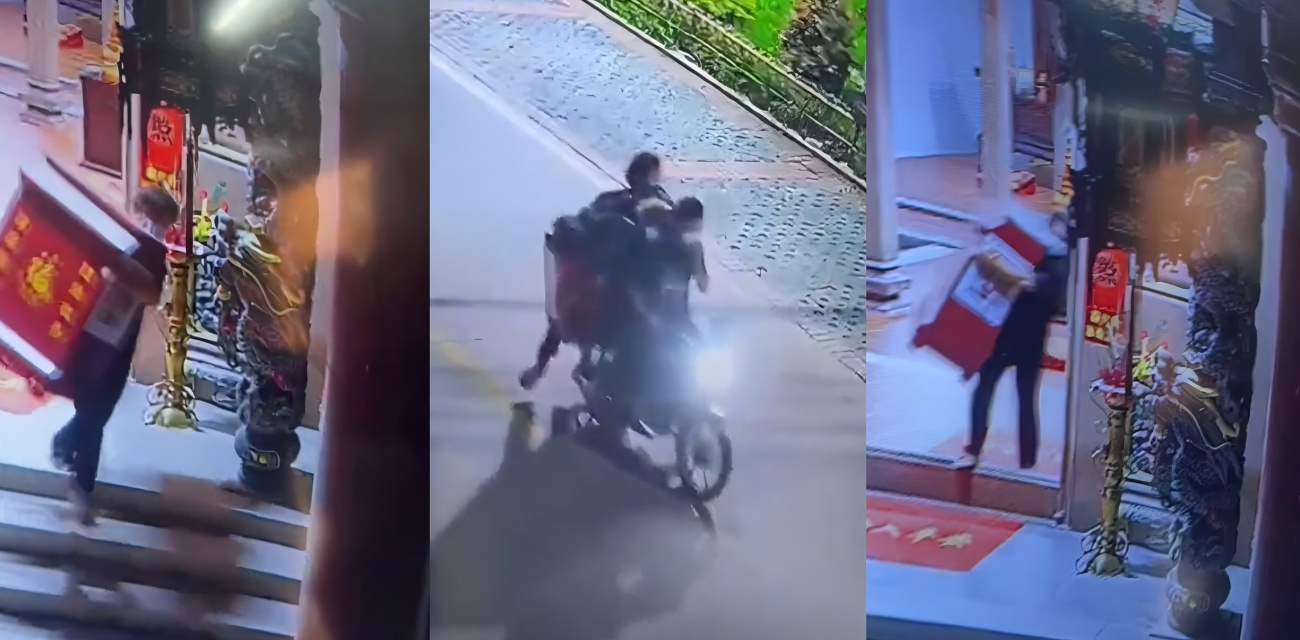 大半夜俩小伙胆大包天 抱走寺庙功德箱 摩托车狂飙逃跑 全被摄像头拍下