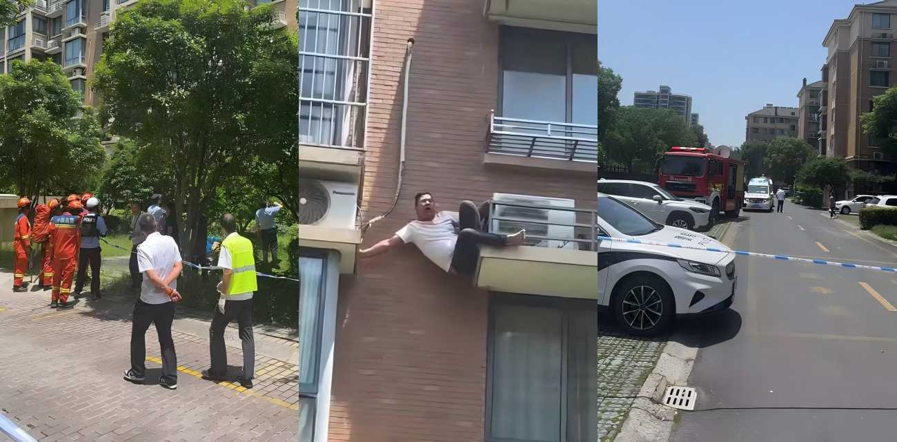 海韵华庭惊魂一幕 男子爬窗卡空调外机 泪崩求生 消防紧急救援