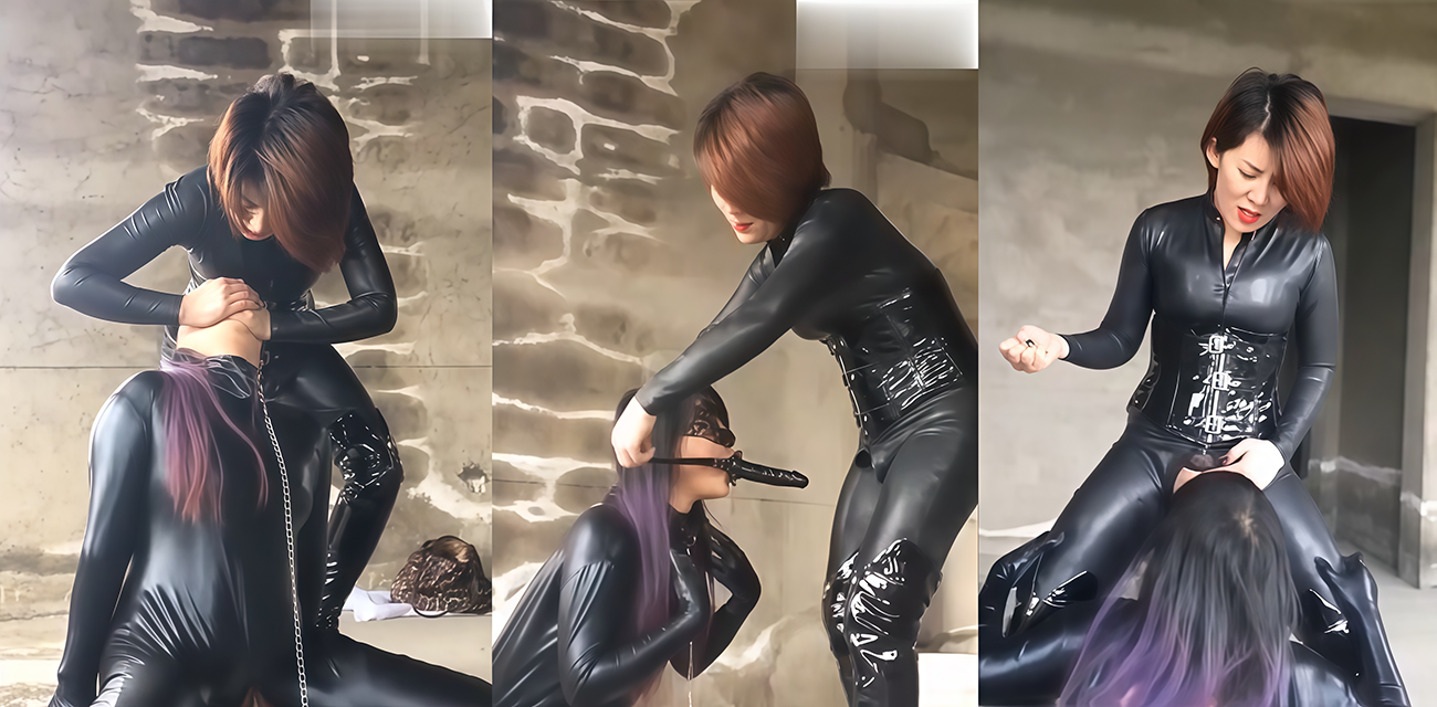 女王身着紧身胶衣 带着母狗在废弃建筑内进行户外调教