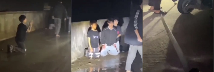 网友爆料广西玉林，打架斗殴人家小学生跪下来了也不放走，还拿刀架人家脖子！