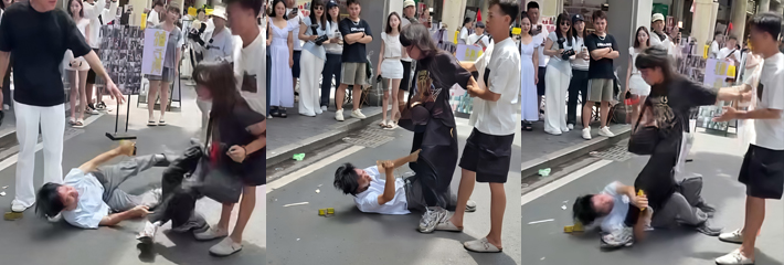 潮汕街头火拼 短发男骑脸狂输出 长发男飞扑薅头发发出杀猪惨叫