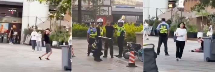 珠海商圈仇杀现场 三人持刀把一人砍成几节 血溅满地不跑等警察来抓